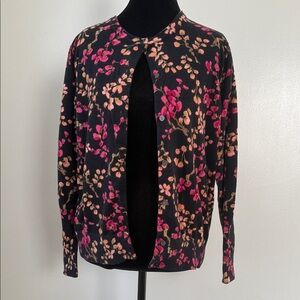 Lands' End Women's Black Cardigan with Pink and Orange Floral